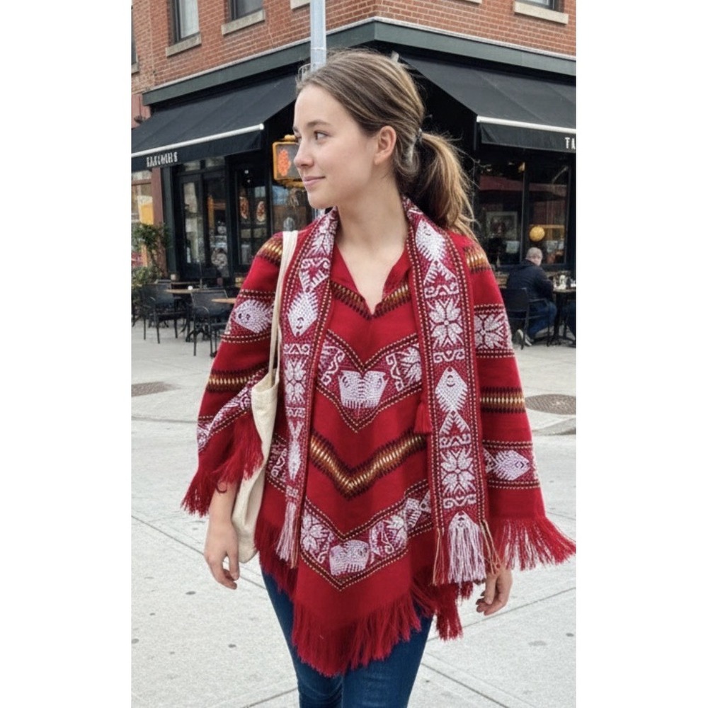 Artisanal Tejidos Poncho Unisex One Size ‎ Red Black Fringe Ecuador  Embroidered
